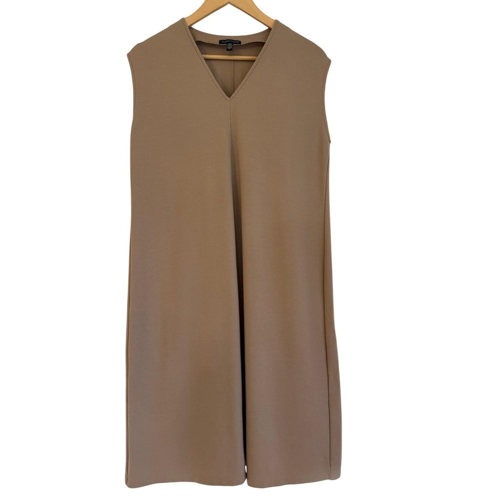 Eileen Fisher Womens V-Neck Sleeveless Shift Dress Taupe Tan‎ Lyocell Blend S